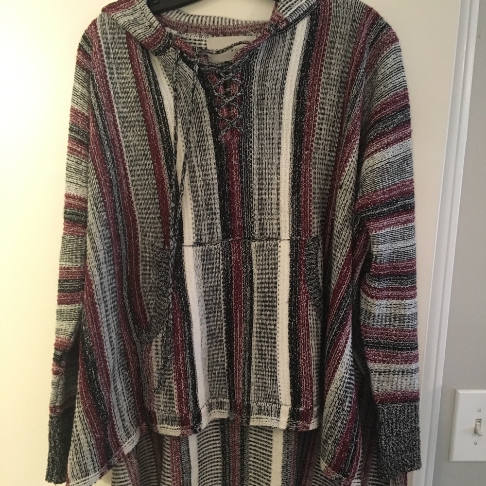 Burgundy, black, white lace up poncho, size small